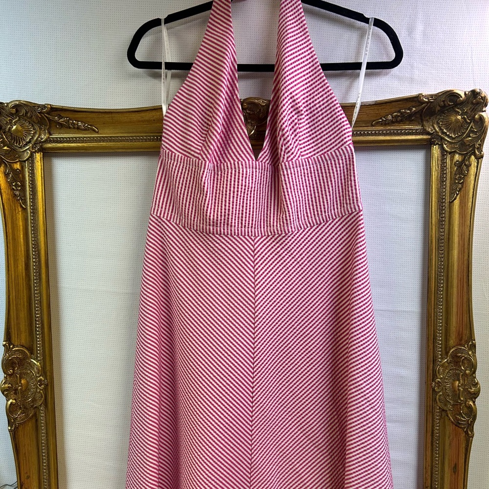 Trina Turk Seersucker Fuchsia and White Striped Halter Dress 12